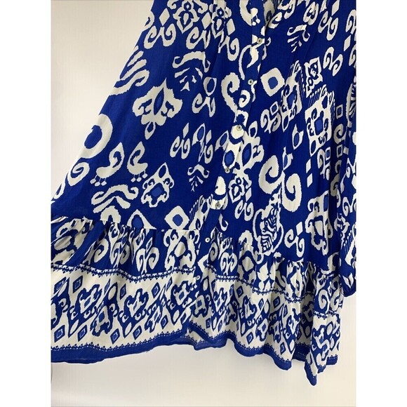 ZARA Blue Print Mini Dress Button Oversized Ruffle Peplum Pintuck Womens Large - Picture 4 of 12